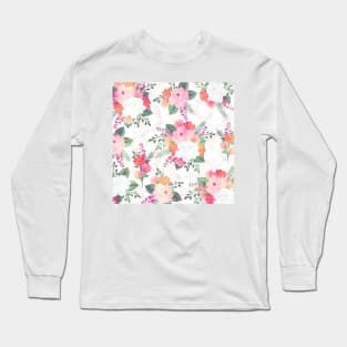 Pink Watercolor Flowers White Design Long Sleeve T-Shirt